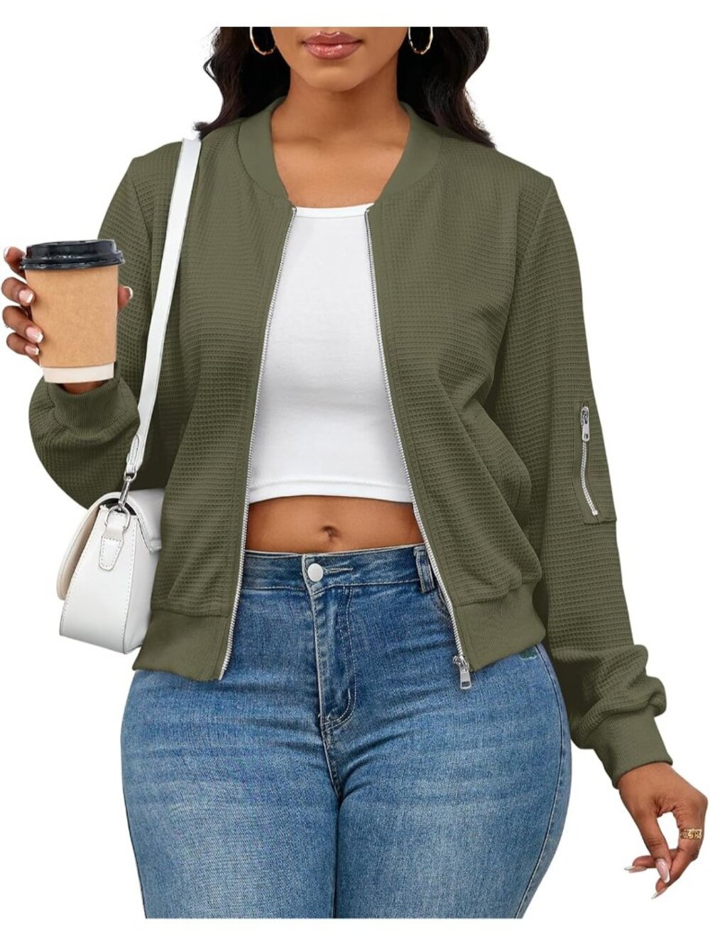 〽️Women's Army Green Oversized Zip Front Sweatshirt Coat Long Sleeve Casual Jack